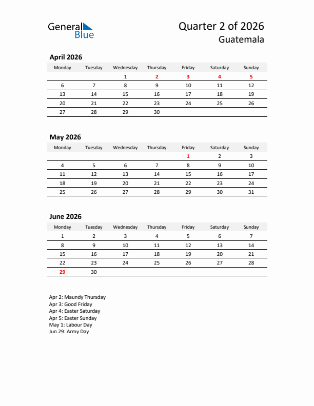 2026 Q2 Three-Month Calendar for Guatemala