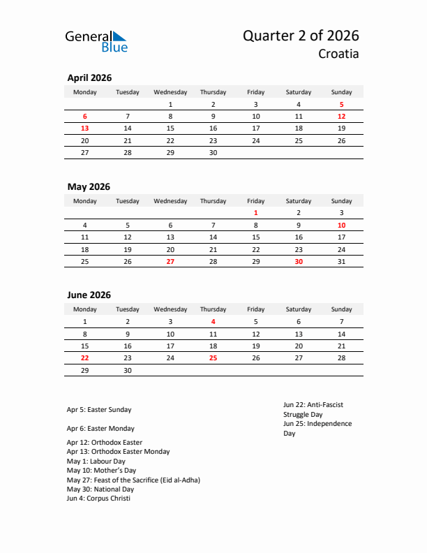 2026 Q2 Three-Month Calendar for Croatia