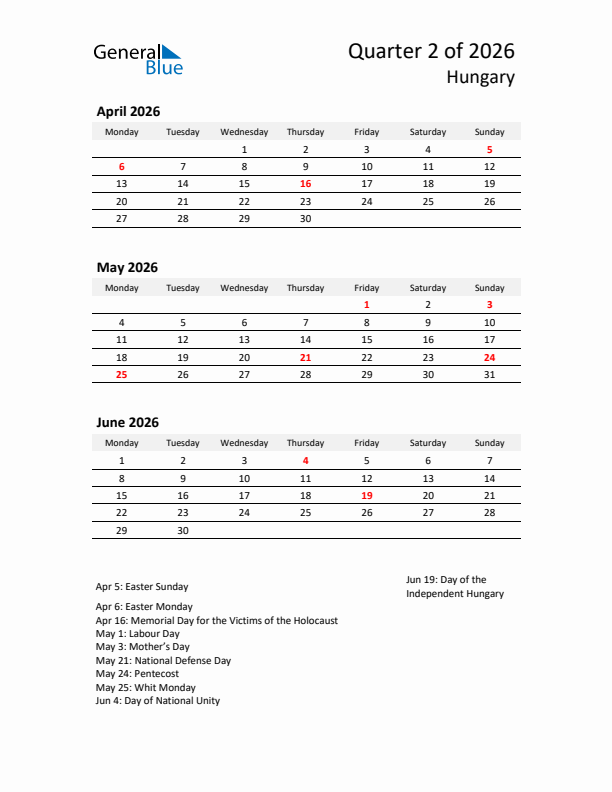 2026 Q2 Three-Month Calendar for Hungary