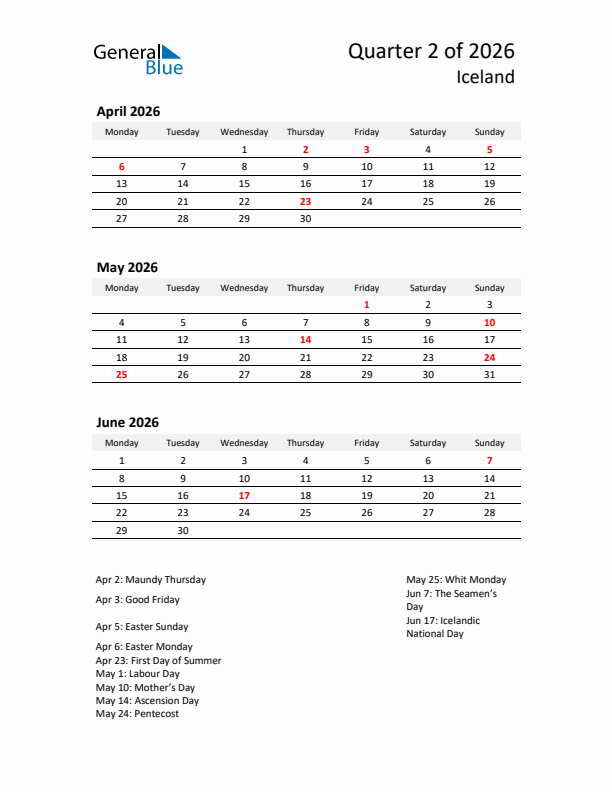 2026 Q2 Three-Month Calendar for Iceland