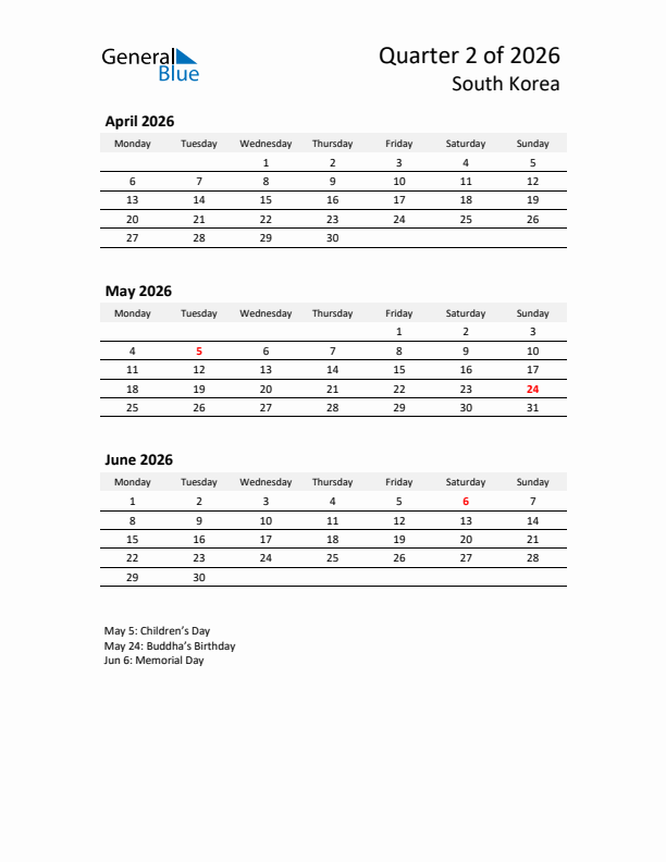 2026 Q2 Three-Month Calendar for South Korea