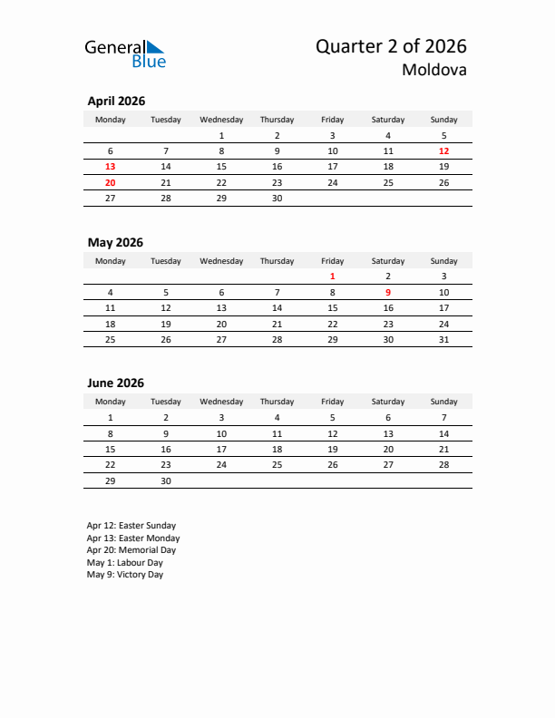 2026 Q2 Three-Month Calendar for Moldova