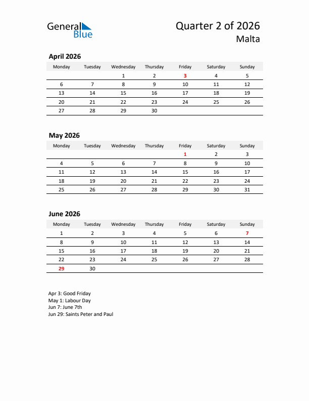 2026 Q2 Three-Month Calendar for Malta