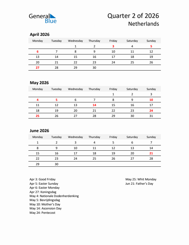 2026 Q2 Three-Month Calendar for The Netherlands