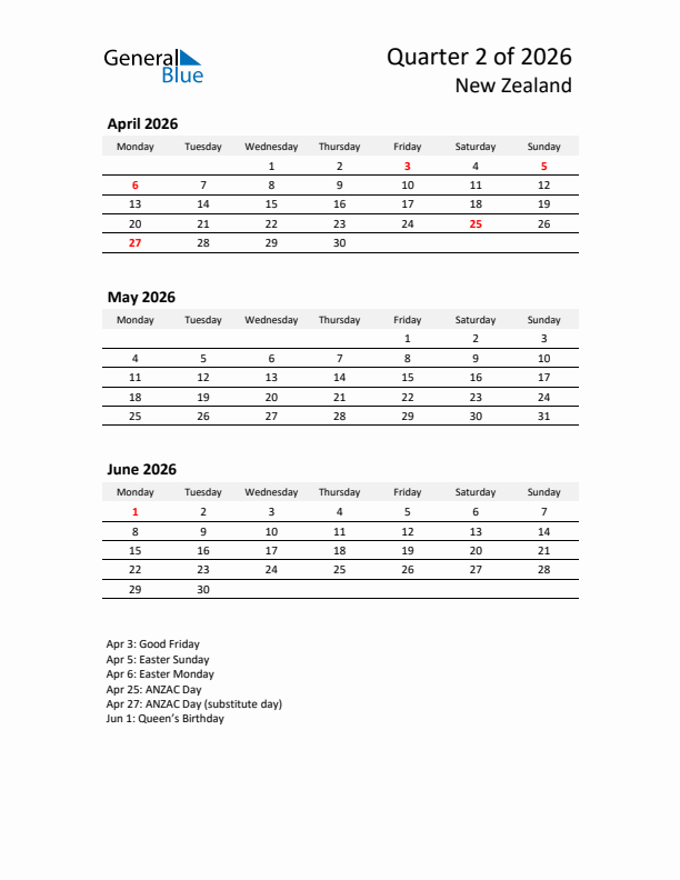 2026 Q2 Three-Month Calendar for New Zealand