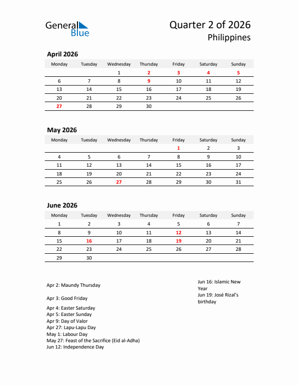 2026 Q2 Three-Month Calendar for Philippines