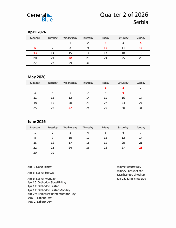 2026 Q2 Three-Month Calendar for Serbia