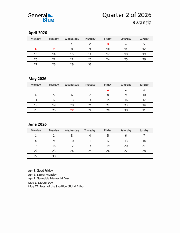 2026 Q2 Three-Month Calendar for Rwanda