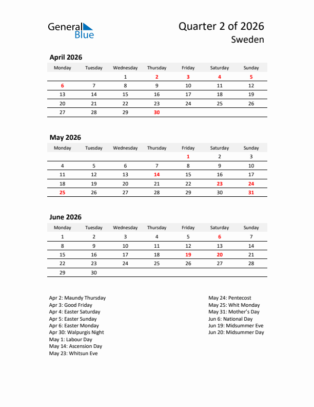 2026 Q2 Three-Month Calendar for Sweden