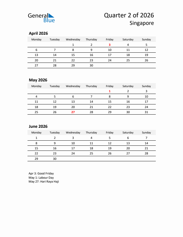 2026 Q2 Three-Month Calendar for Singapore