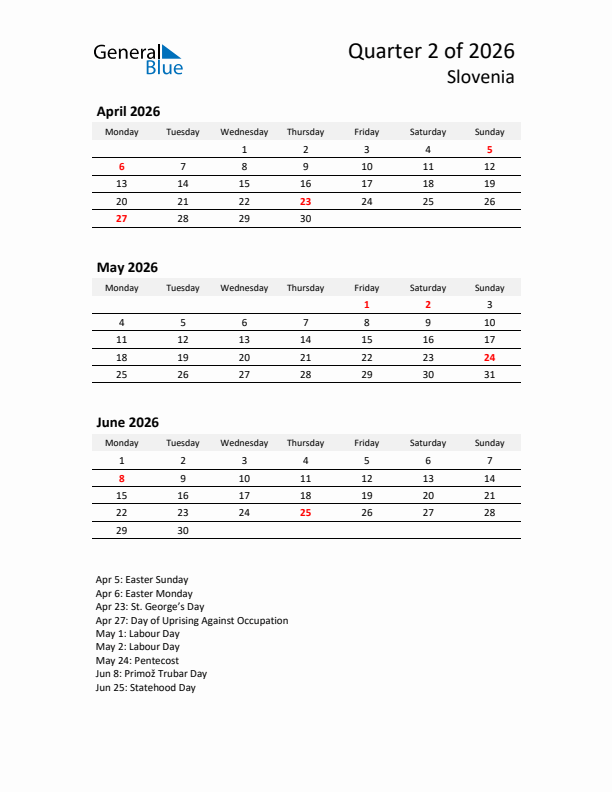 2026 Q2 Three-Month Calendar for Slovenia