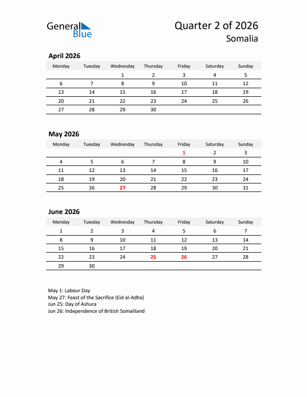 2026 Q2 Three-Month Calendar for Somalia