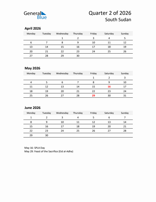 2026 Q2 Three-Month Calendar for South Sudan