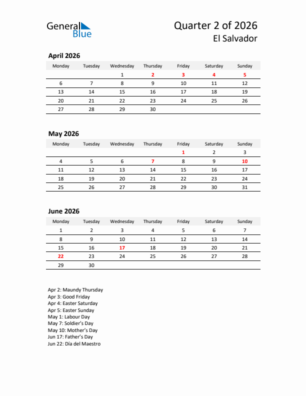 2026 Q2 Three-Month Calendar for El Salvador