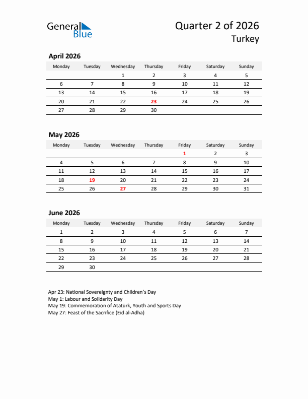 2026 Q2 Three-Month Calendar for Turkey