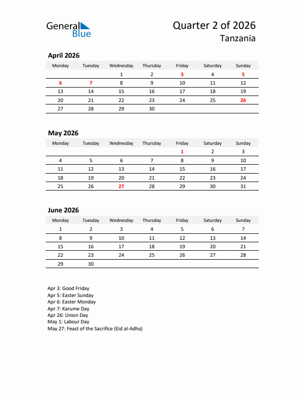 2026 Q2 Three-Month Calendar for Tanzania