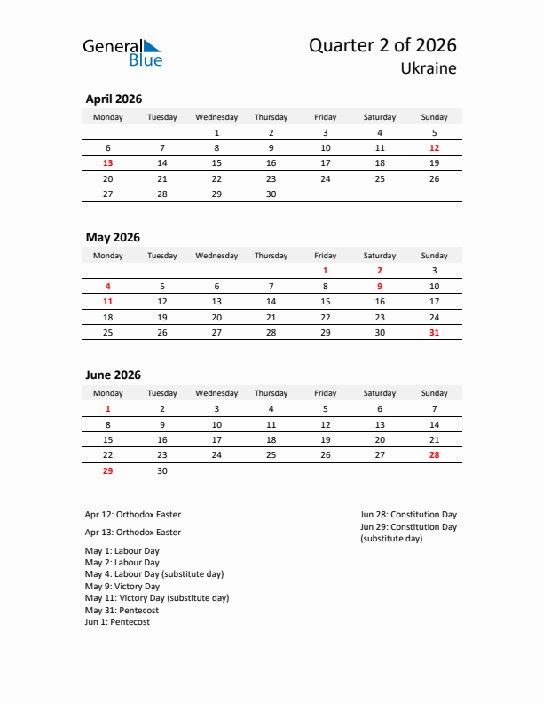 2026 Q2 Three-Month Calendar for Ukraine