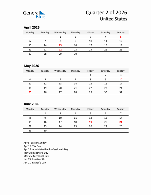 2026 Q2 Three-Month Calendar for United States