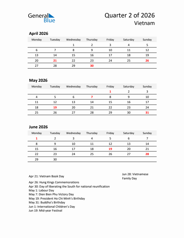 2026 Q2 Three-Month Calendar for Vietnam