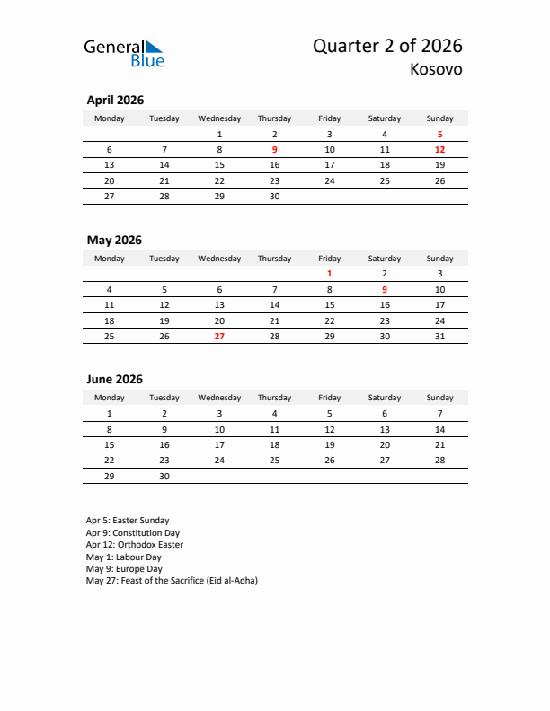 2026 Q2 Three-Month Calendar for Kosovo