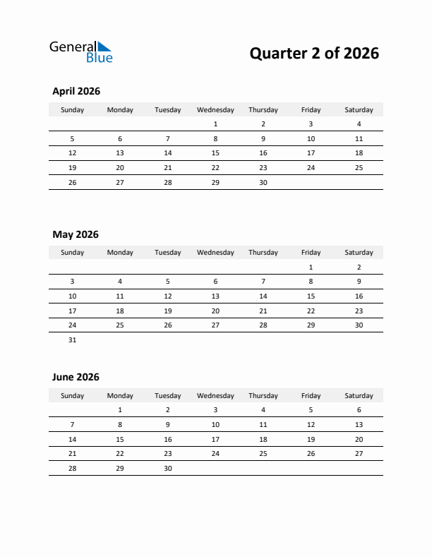 2026 Three-Month Calendar (Quarter 2)