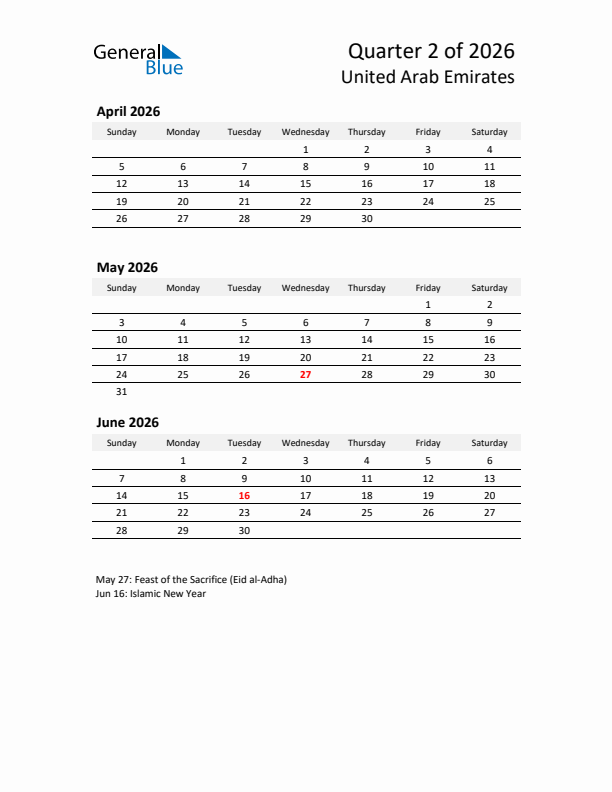 2026 Q2 Three-Month Calendar for United Arab Emirates