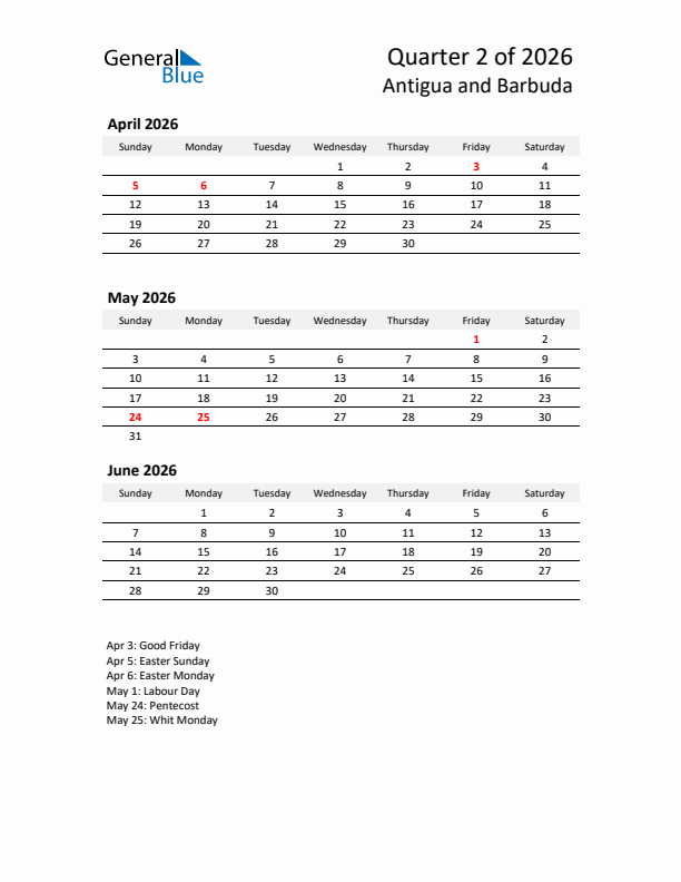 2026 Q2 Three-Month Calendar for Antigua and Barbuda