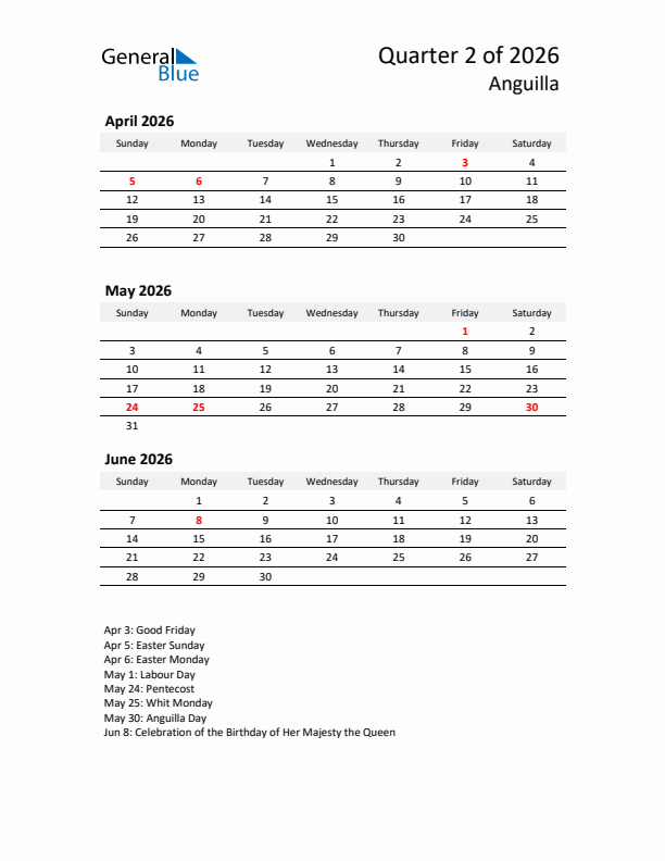 2026 Q2 Three-Month Calendar for Anguilla