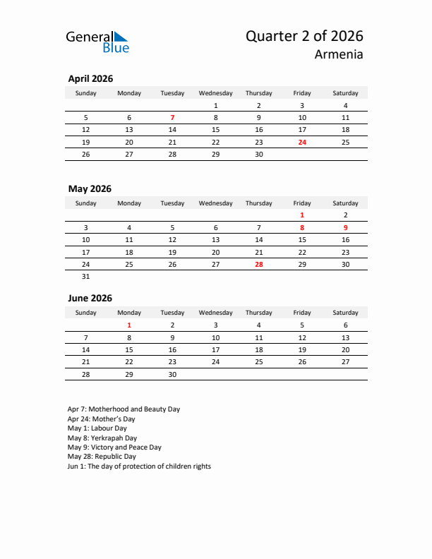 2026 Q2 Three-Month Calendar for Armenia