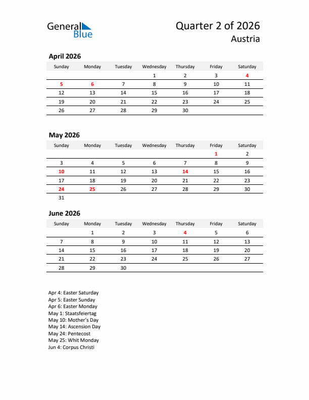 2026 Q2 Three-Month Calendar for Austria