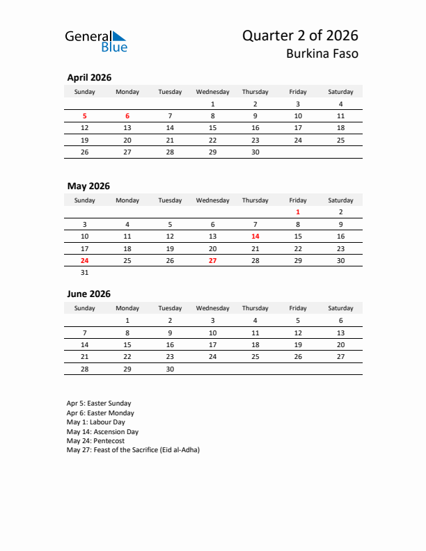 2026 Q2 Three-Month Calendar for Burkina Faso