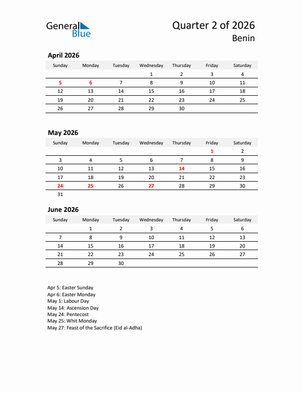 2026 Q2 Three-Month Calendar for Benin