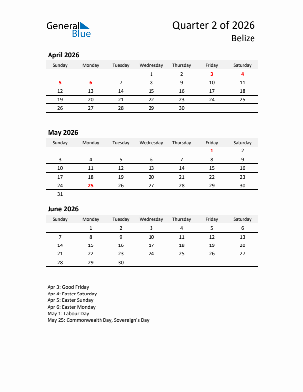 2026 Q2 Three-Month Calendar for Belize