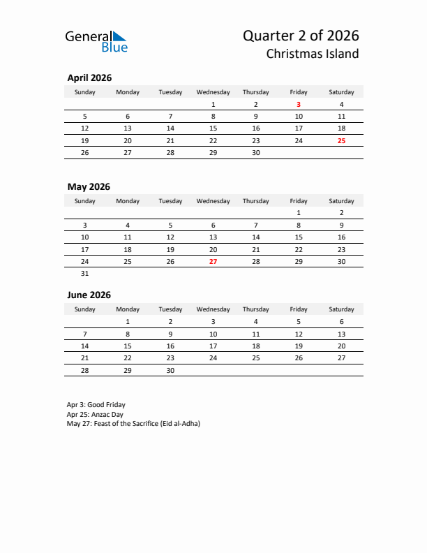 2026 Q2 Three-Month Calendar for Christmas Island