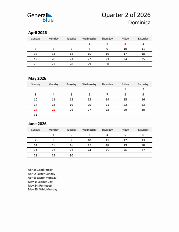 2026 Q2 Three-Month Calendar for Dominica