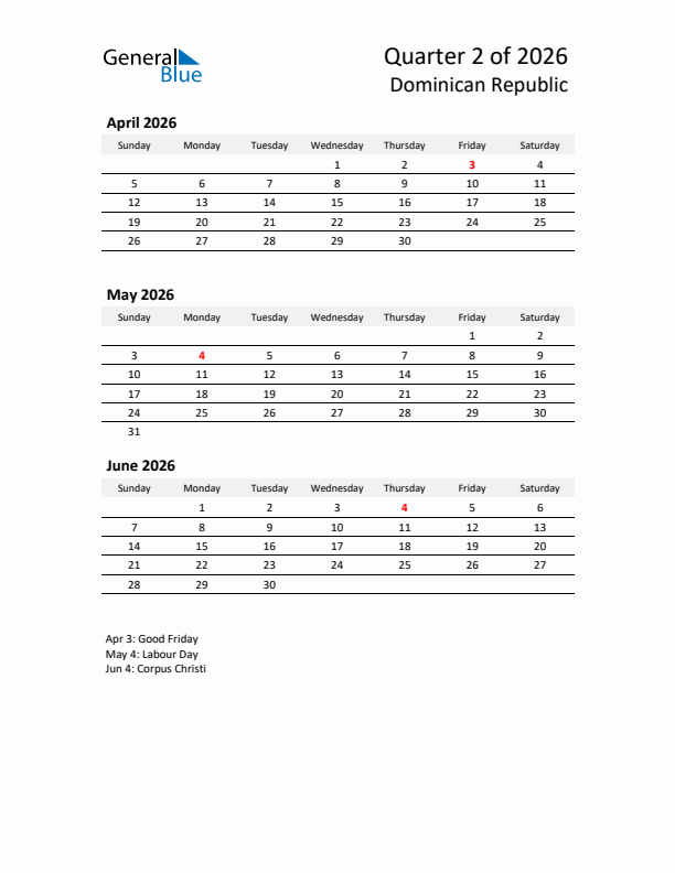 2026 Q2 Three-Month Calendar for Dominican Republic