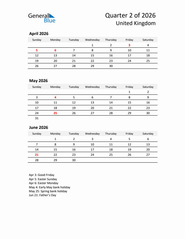 2026 Q2 Three-Month Calendar for United Kingdom