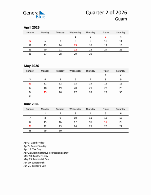 2026 Q2 Three-Month Calendar for Guam