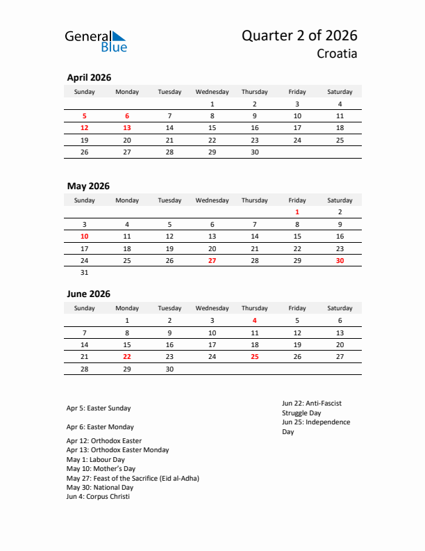 2026 Q2 Three-Month Calendar for Croatia