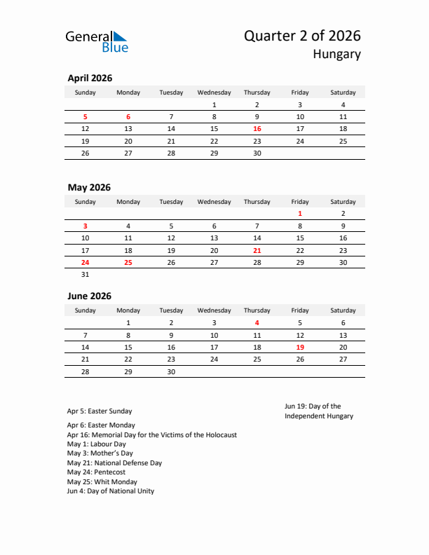 2026 Q2 Three-Month Calendar for Hungary