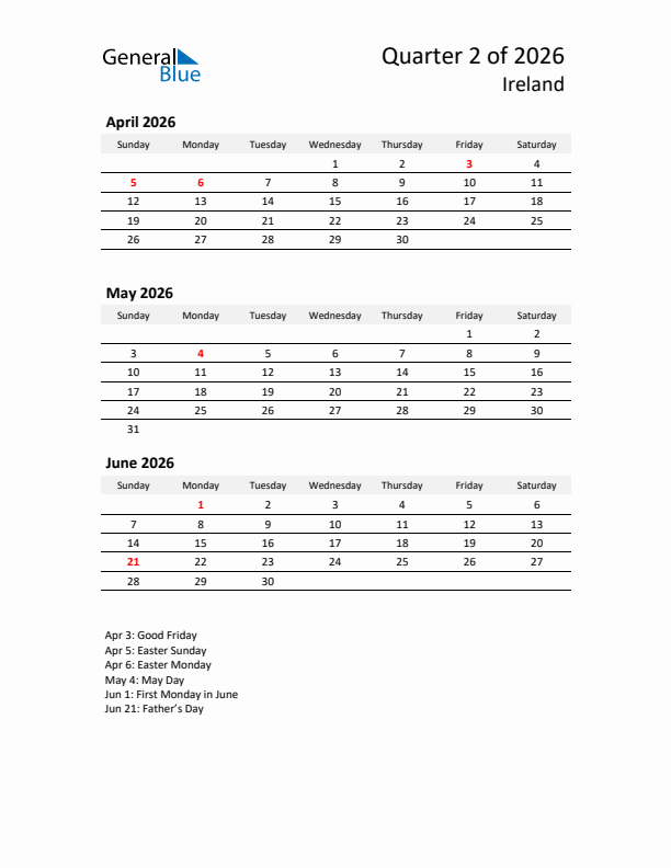 2026 Q2 Three-Month Calendar for Ireland