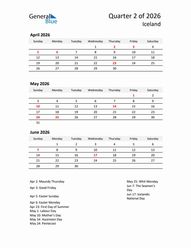 2026 Q2 Three-Month Calendar for Iceland