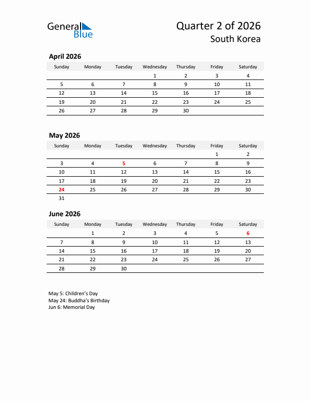 2026 Q2 Three-Month Calendar for South Korea