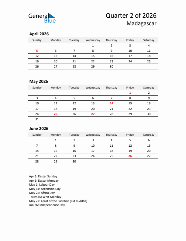 2026 Q2 Three-Month Calendar for Madagascar