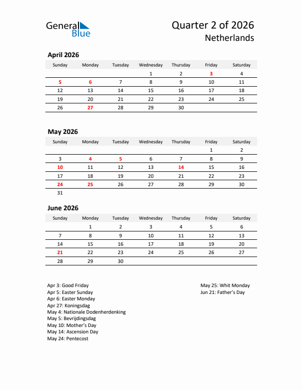 2026 Q2 Three-Month Calendar for The Netherlands