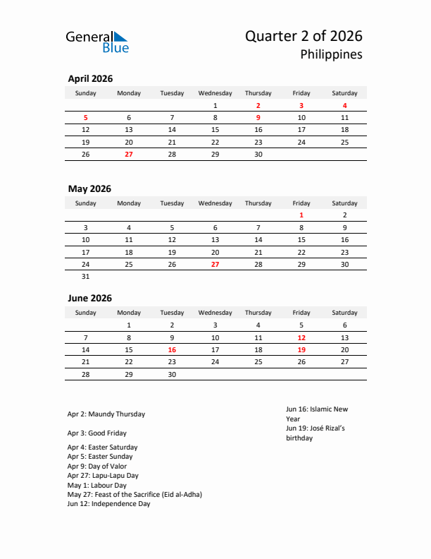 2026 Q2 Three-Month Calendar for Philippines