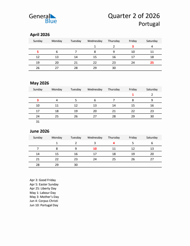 2026 Q2 Three-Month Calendar for Portugal