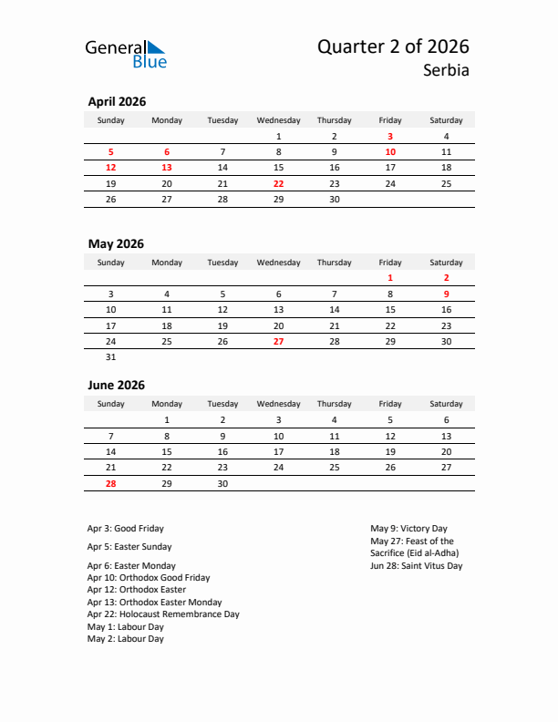 2026 Q2 Three-Month Calendar for Serbia