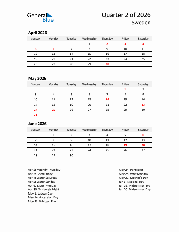 2026 Q2 Three-Month Calendar for Sweden