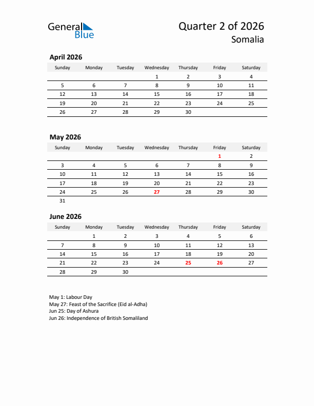 2026 Q2 Three-Month Calendar for Somalia